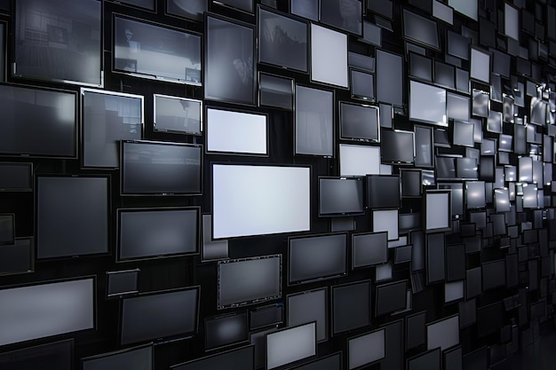 Photo wall of stacked tv screens with various motifs on a black background