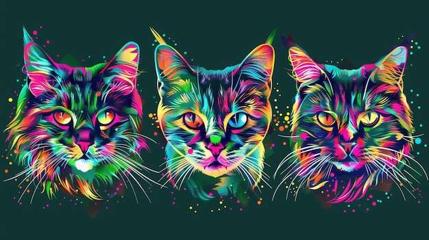 Wall stickers Abstract multicolored neon portrait of three curious cats in pop art style on a