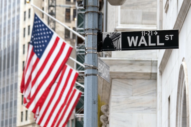 Wall Street sign in lower Manhattan New York, USA