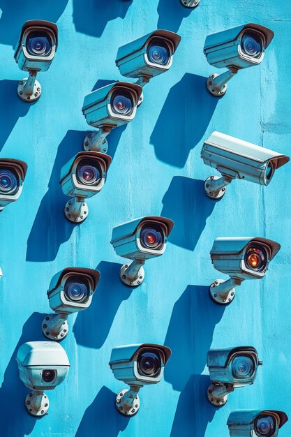 Photo a wall of surveillance cameras pointing in all directions isolated on a pastel blue background