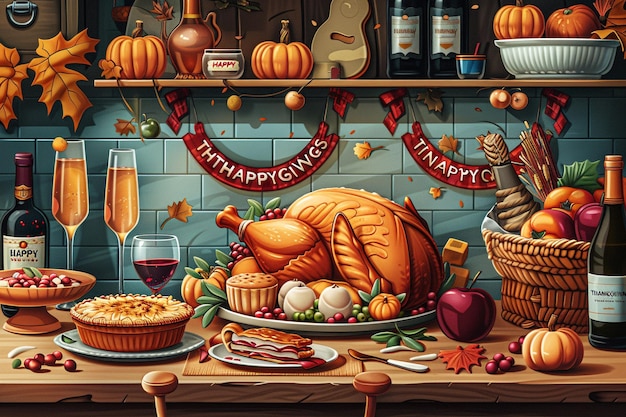 Photo a wall of a thanksgiving scene with a turkey and a banner saying quot thanksgiving dinner quot