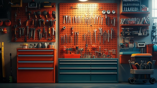 a wall of tools with a red shelf with a blue background