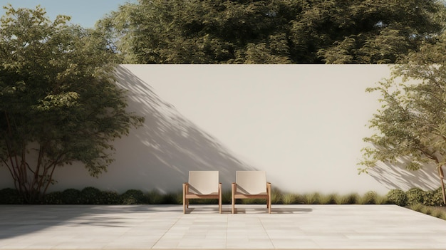 A wall of trees and a white wall with chairs on it