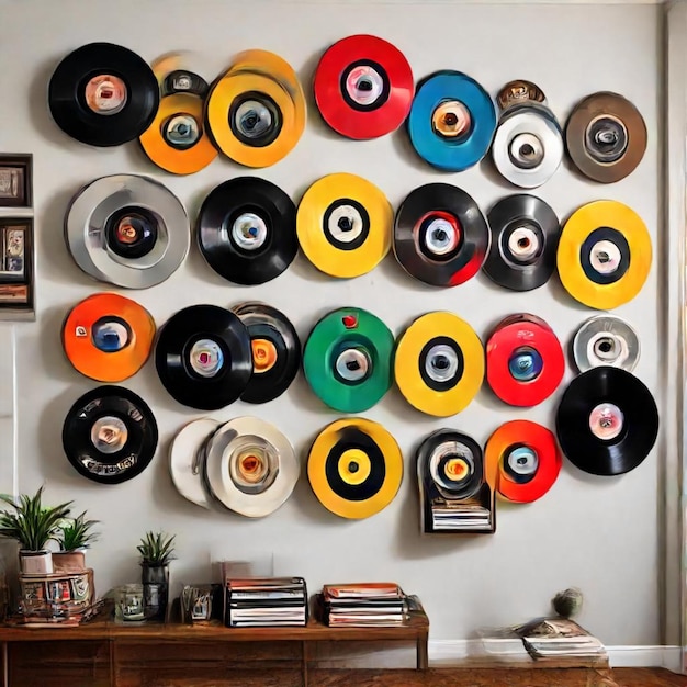 Photo a wall of vinyl records with a circle of vinyl records on the wall