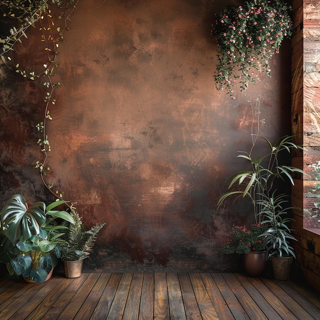 The wall was painted in a brown color with a wood floor and plants on the left side