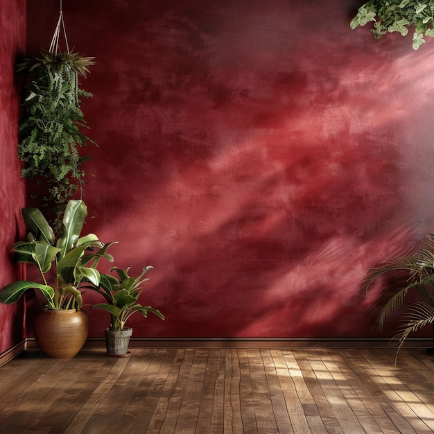 The wall was painted in a dark red color with a wood floor and plants on the left side