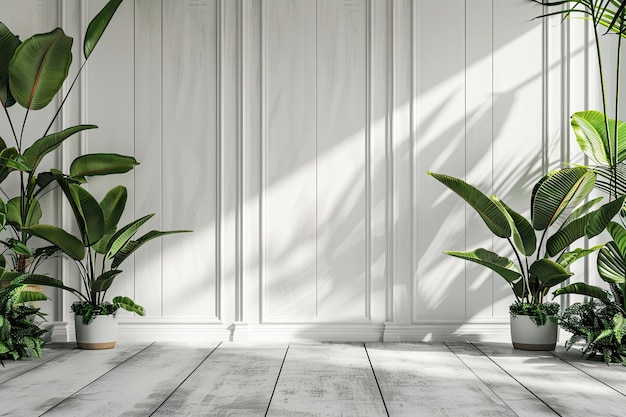 Wall White Mockup with Plants on Floor for Interior Design