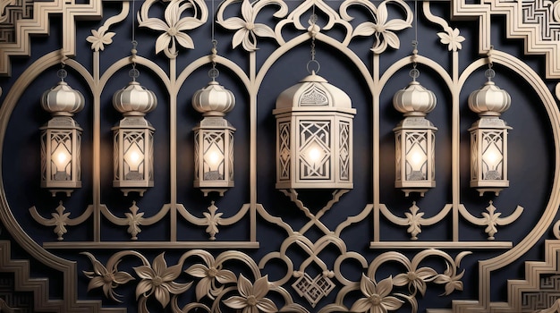 A wall with arabic lamps and a gold pattern.