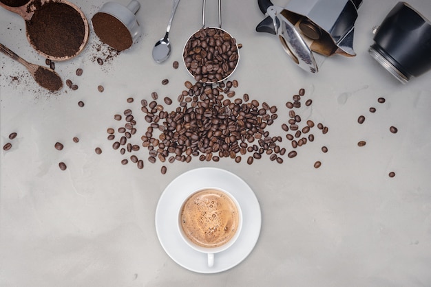 wall with assorted coffee, coffee beans, Cup of black  coffee, Coffee maker equipment