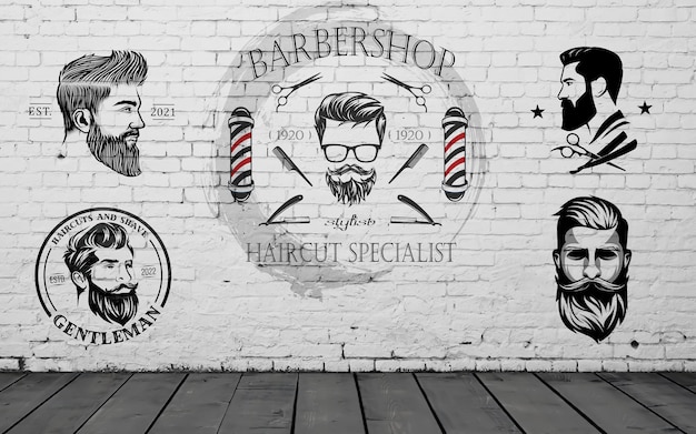 A wall with barbershop logo and a man with glasses and a beard