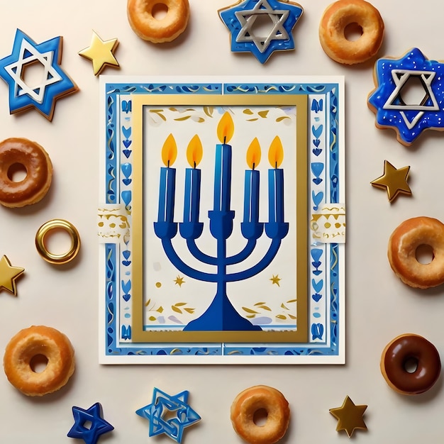 A wall with a blue menorah that says quot donuts quot