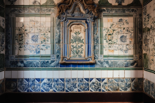 A wall with blue and white tiles and a picture of a flower.