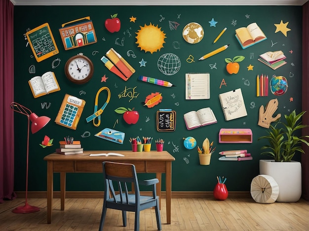 a wall with a chalkboard that says quot kids quot and a school desk