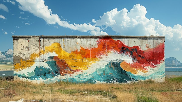 a wall with colorful waves and clouds in the sky