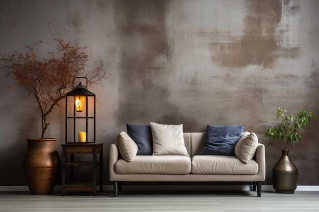 Wall with copy space against beige velvet sofa and floor lamp minimalist home interior design