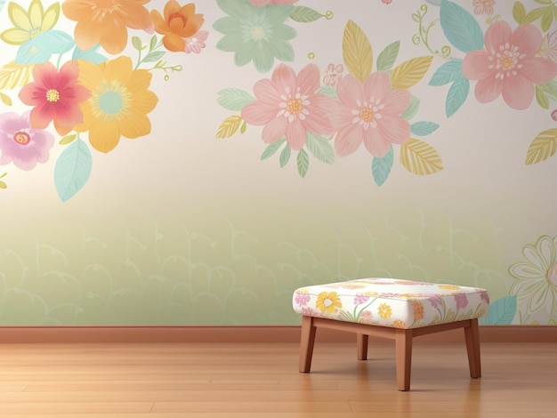 a wall with a flowered wallpaper with a bench and a bench