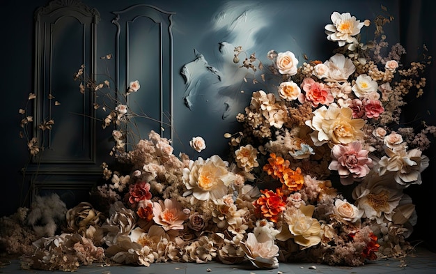 a wall with flowers and a door in the background