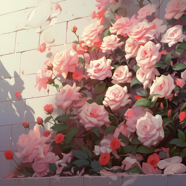 a wall with many different roses on it