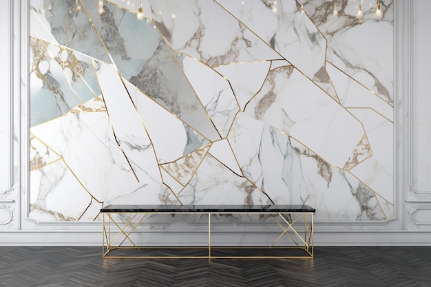 A wall with a marble pattern and a bench in front of it