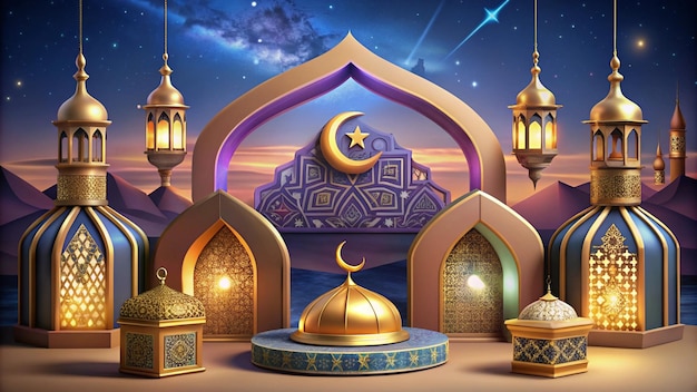 a wall with a mosque and a mosque with a moon and a star on the top