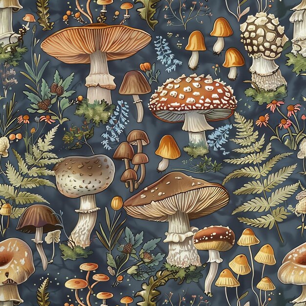 a wall with mushrooms and mushrooms on it