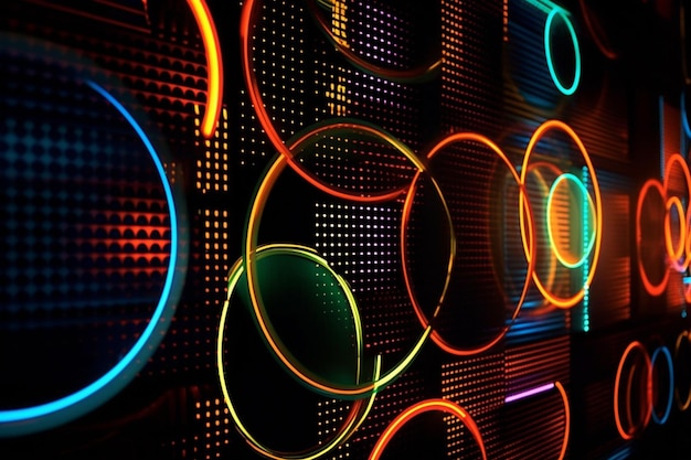 A wall with neon circles on it that says " light up ".