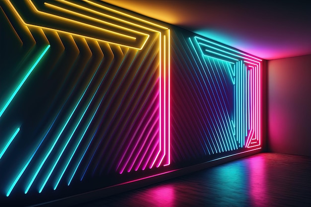 Wall with neon led light shapes Abstract dark glow background AI