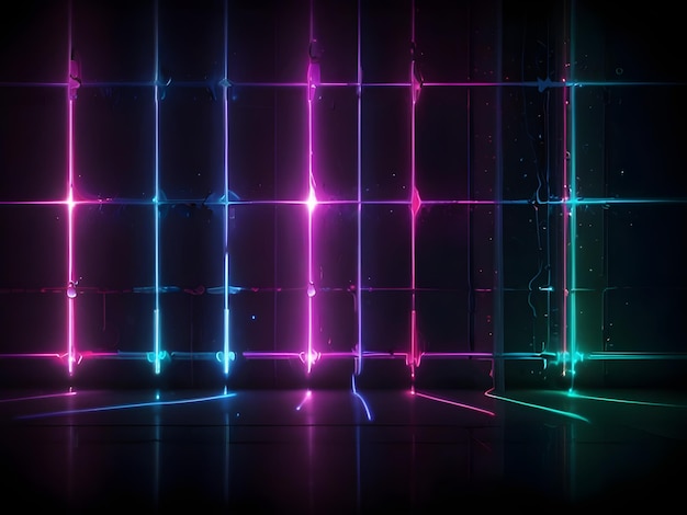 a wall with neon lights and a black background