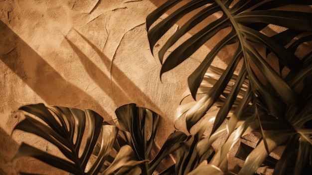 A wall with a palm leaf and a brown background