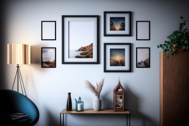 A wall with pictures on it and a lamp on the side that says'the sun is on the top right '