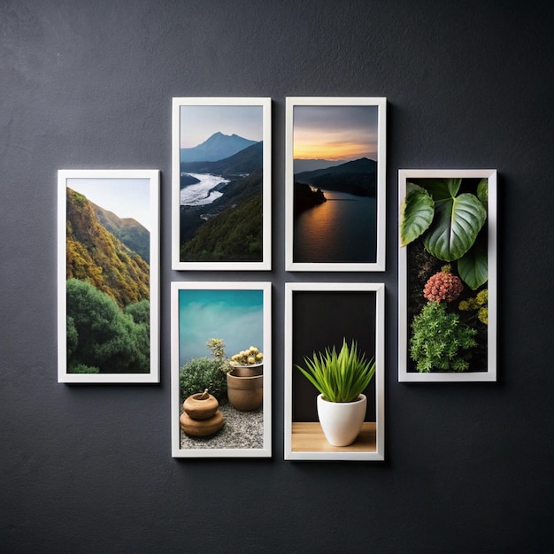 a wall with pictures and plants on it