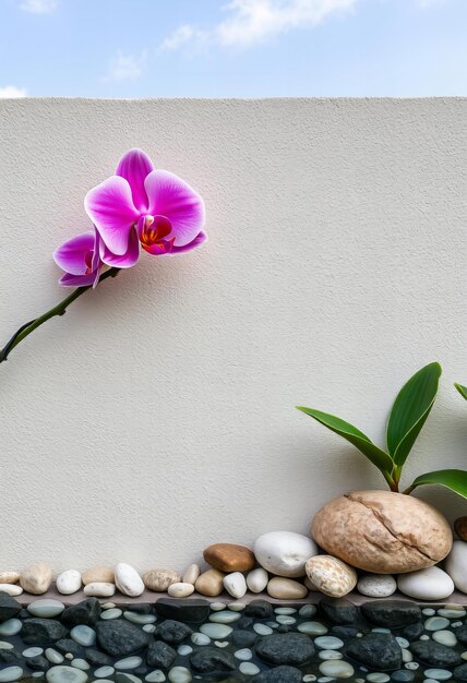 Wall with a pink orchid stones and water