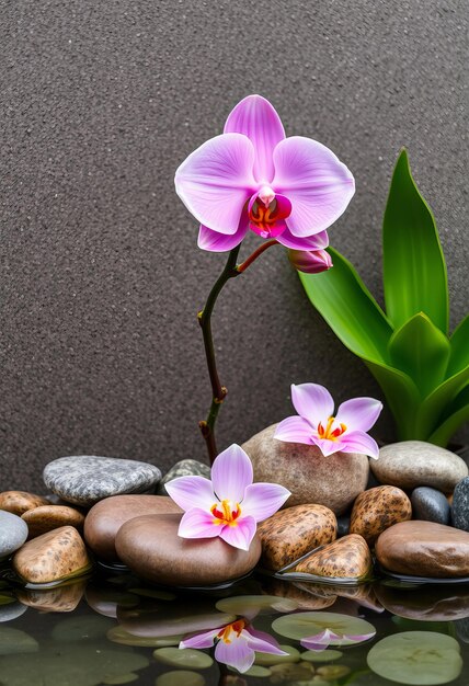 Wall with a pink orchid stones and water