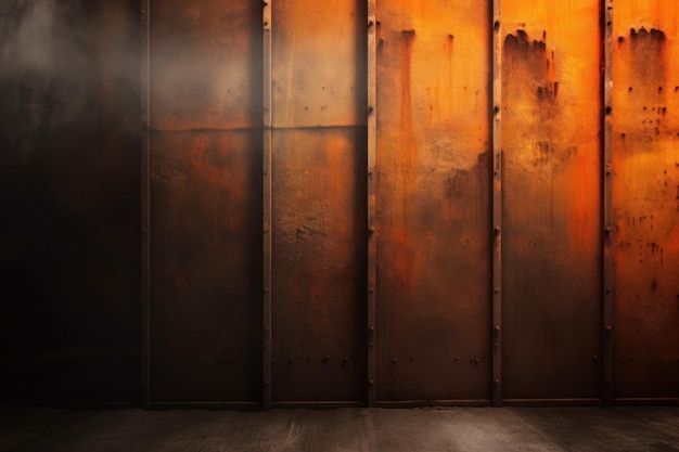 A wall with rusted metal panels and a light coming through the door.