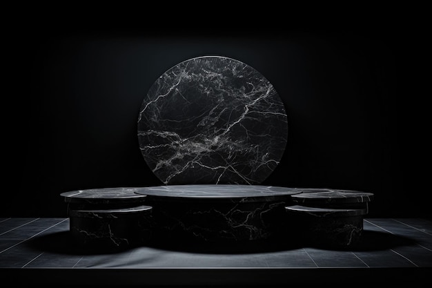 Wall with stage for product display on dark background Dark stone podium minimalism style Created with Generative AI