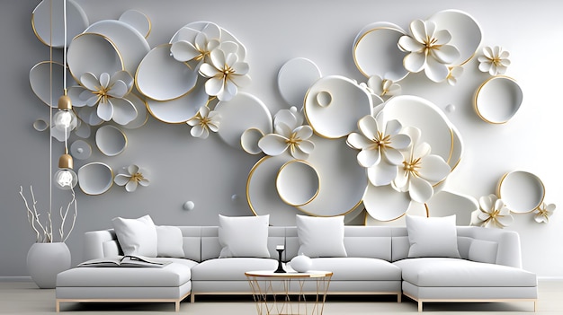 Photo a wall with a white couch and a white and yellow design with the words dandelion on the wall