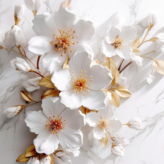 A wall with white flowers on it and a gold flower on the top.