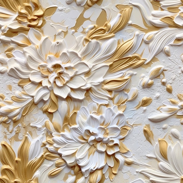 A wall with white and gold flowers on it