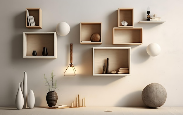 A wall with wooden boxes and a vase on it