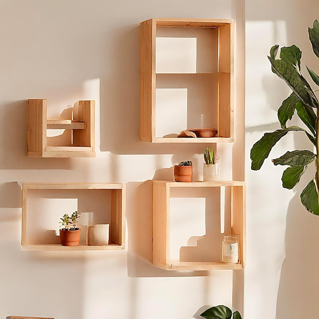 Photo wall with wooden shelves or shelves flower pots resting on shelves