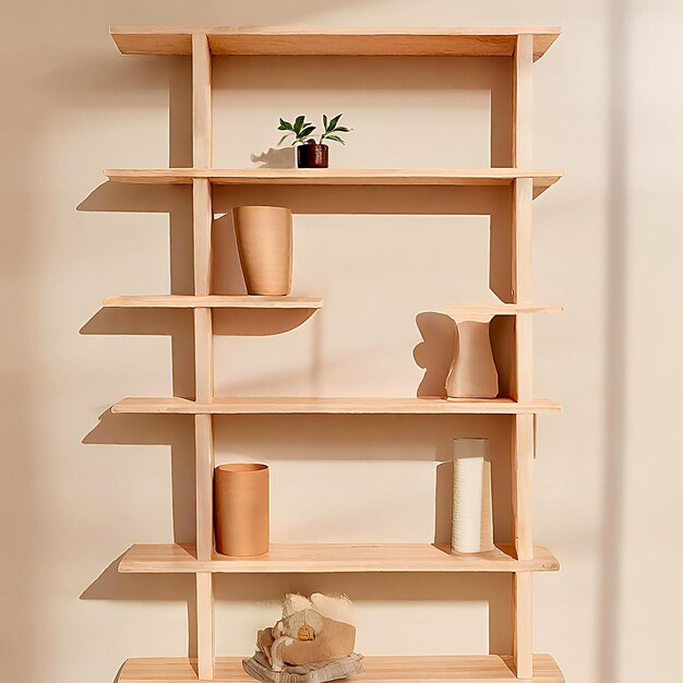 Photo wall with wooden shelves or shelves flower pots resting on shelves