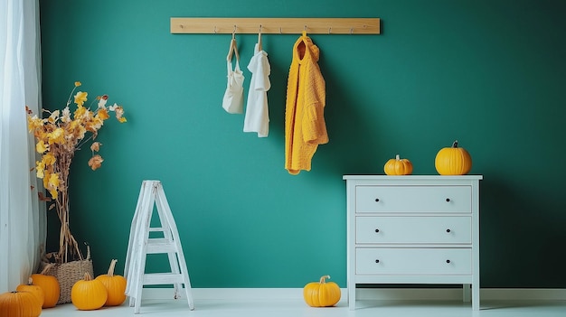 Photo a wall with a yellow cloth hanging on it and some white items on it