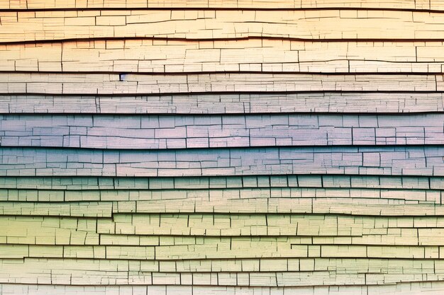 A wall of wood with a colorful pattern of the same colors.