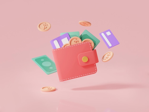 Wallet coins banknote and credit card on pink background online payment bank finance investment money wallet digital wallet cashback 3d saving money concept 3d rendering illustrationxA