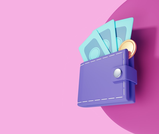 Wallet, dollar bill and coins , online payment 3d illustration