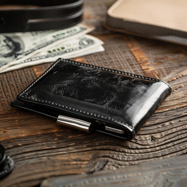 Photo a wallet on a table with a stack of money on it