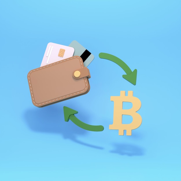 Wallet with bank cards in exchange for bitcoin. Money conversion concept. 3d render illustration.