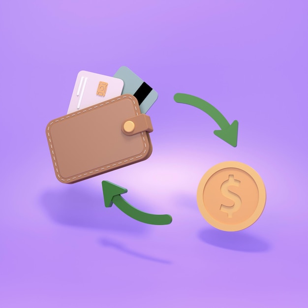 A wallet with bank cards in exchange for a dollar coin. Money conversion concept. 3d render illustration.