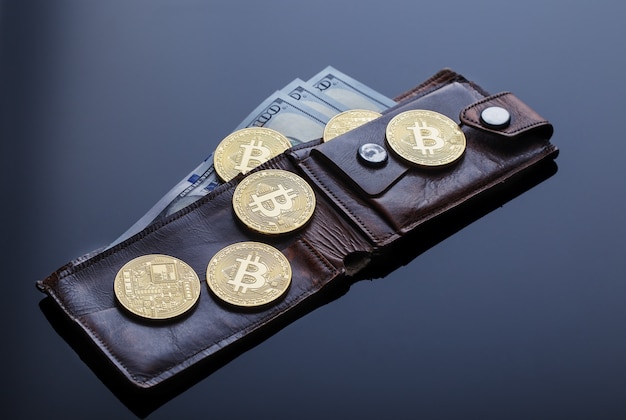 Wallet with gold bitcoins and one hundred dollar bills