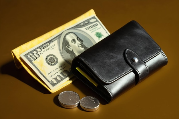 wallet with money dollar bills on yellow background